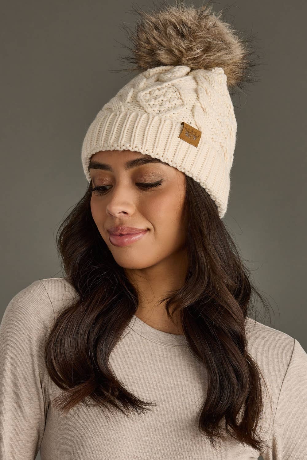Beige Knit Pom Hat