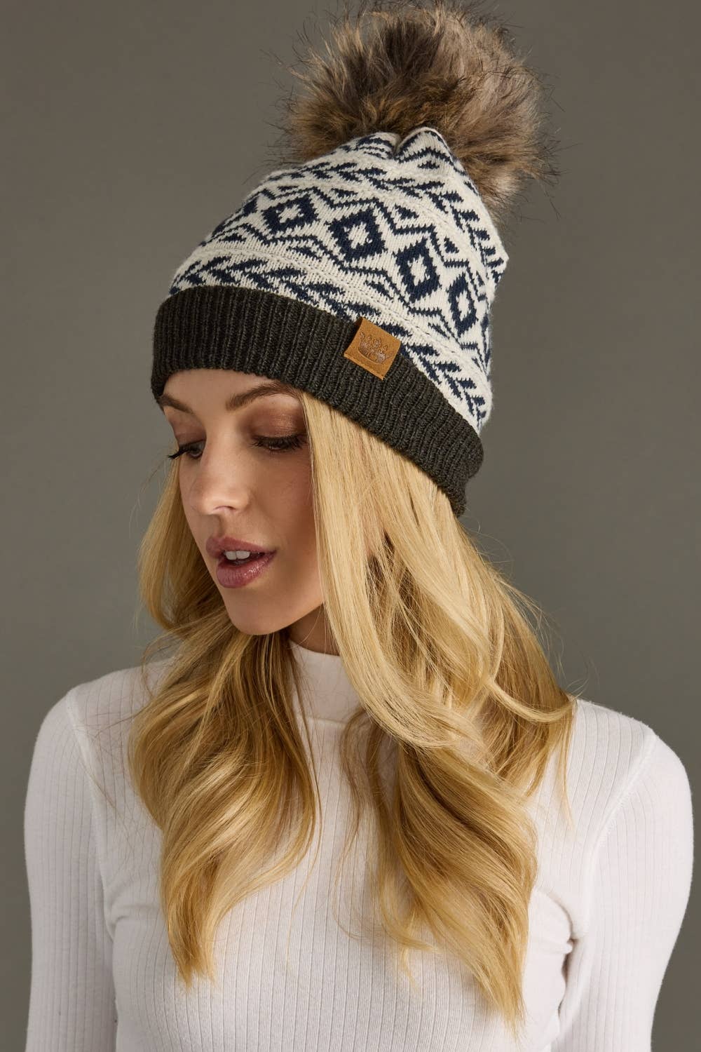 Gray Pattern Pom Hat