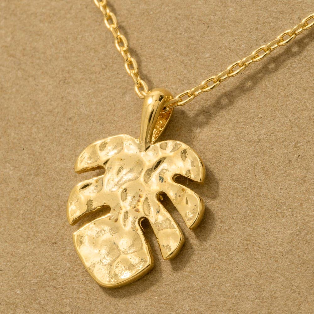 Hammered Monstera Leaf Pendant Necklace