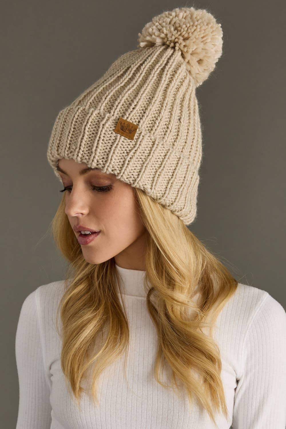 Beige Knit Pom Hat