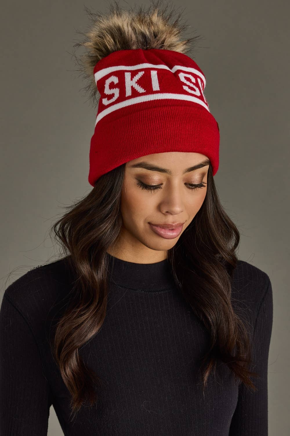 Red & White Ski Pom Hat