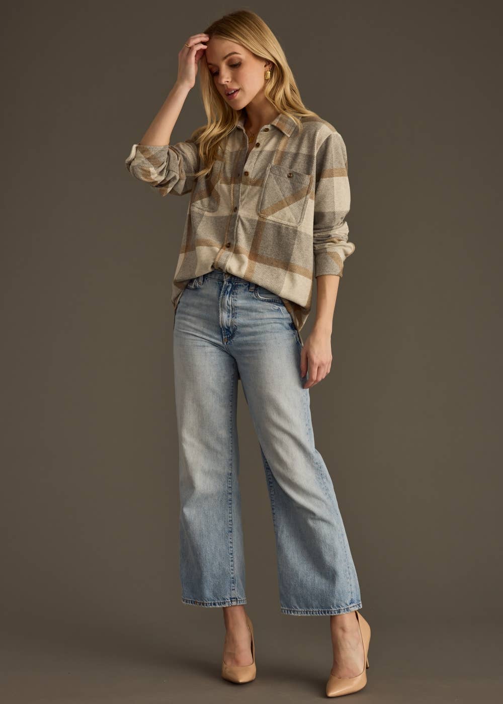 Gray & Mocha Plaid Button Up