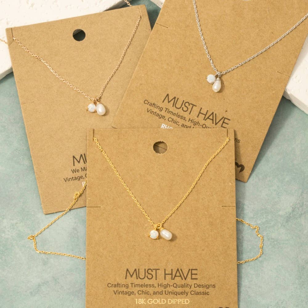 Gold Dipped Opal And Pearl Charms Chain Necklace
