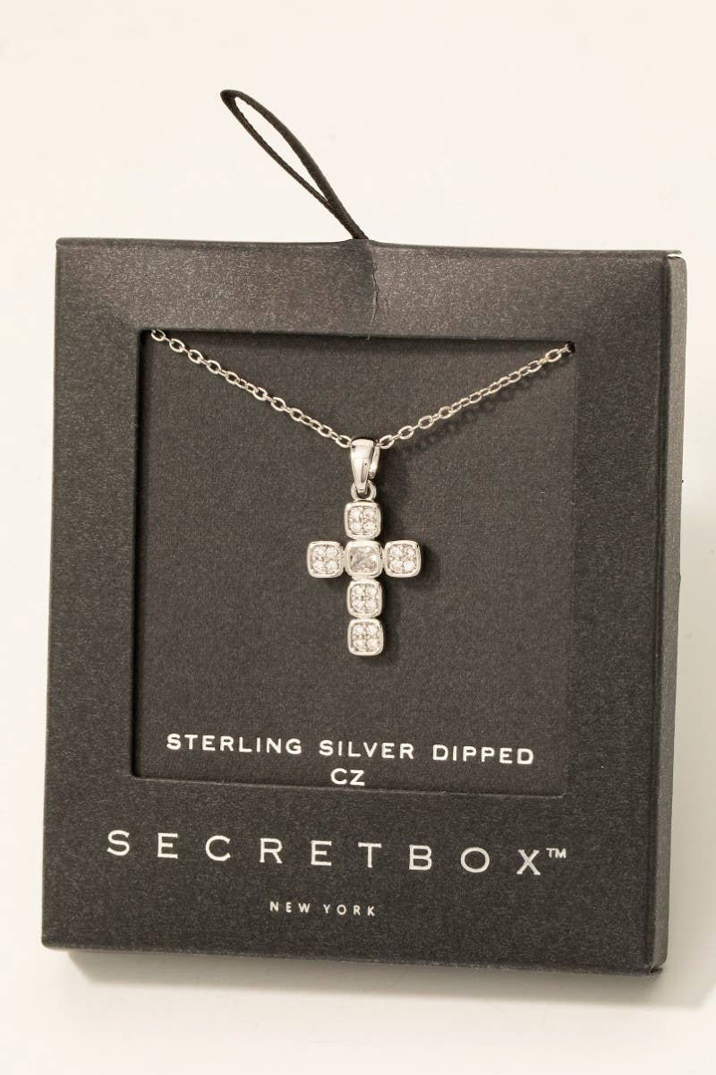 Gold Dipped Cz Pave Square Cross Pendant Necklace