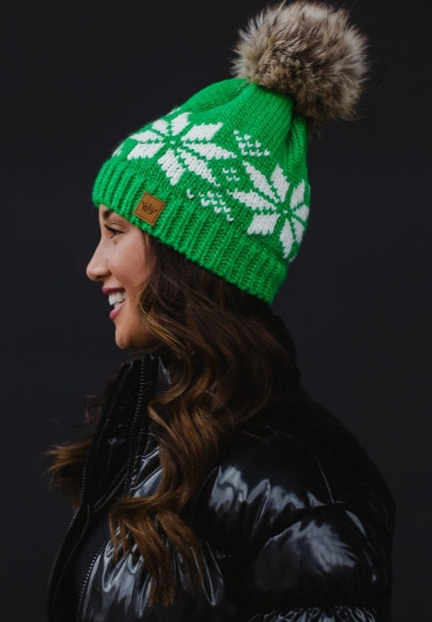 Bright Green & White Snowflake Pom Hat