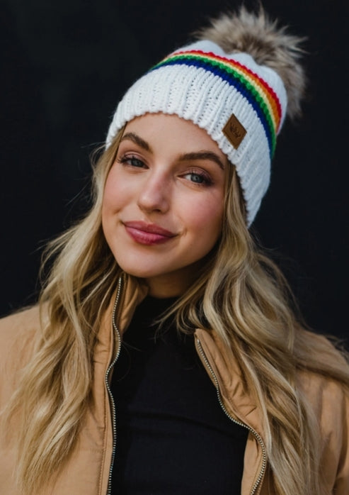 White & Rainbow Striped Pom Hat
