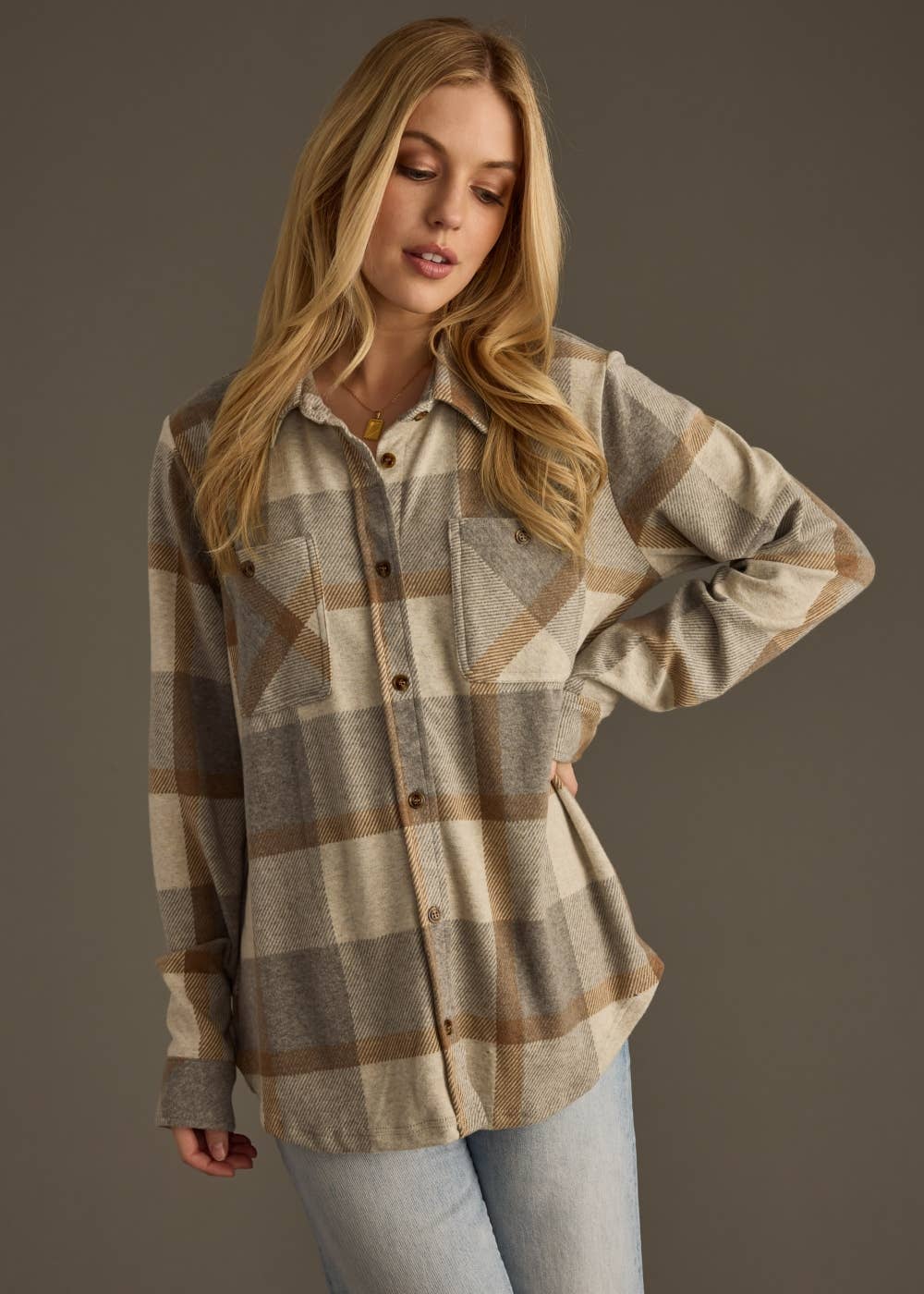 Gray & Mocha Plaid Button Up