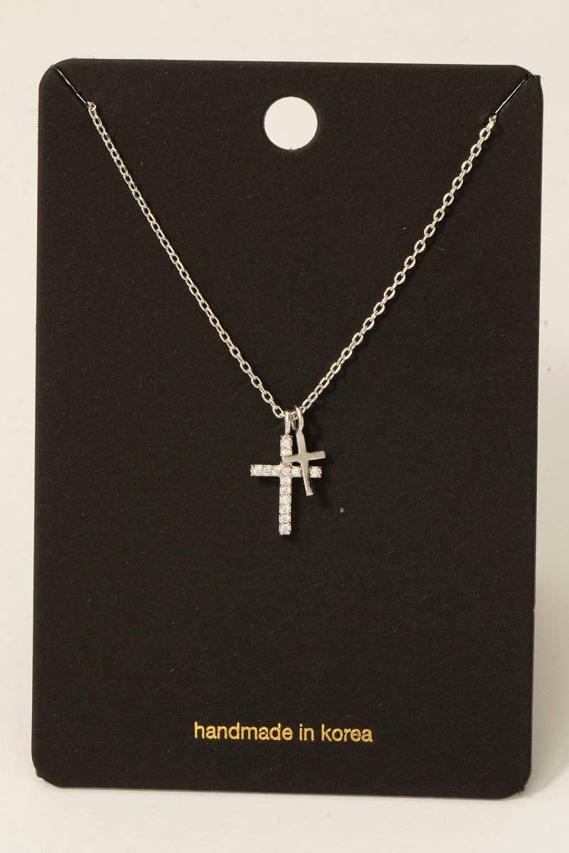 Cz Pave Double Cross Pendant Necklace