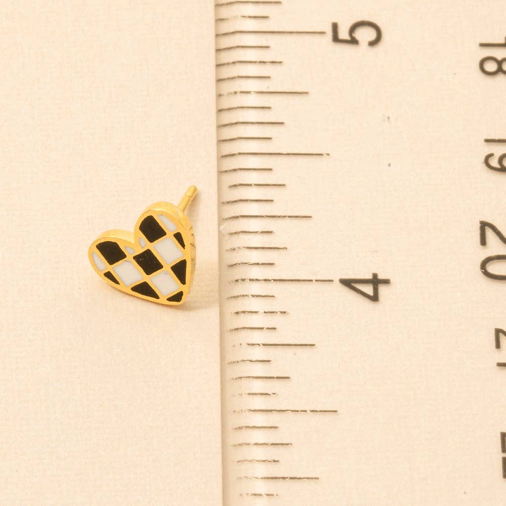 Gold Dipped Epoxy Checkered Heart Stud Earrings
