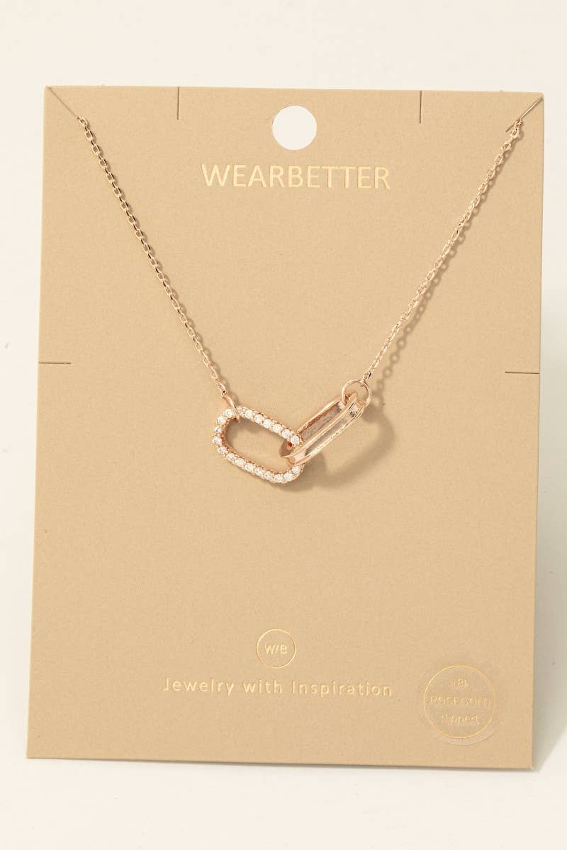 Gold Dipped Cz Pave Oval Link Pendant Necklace