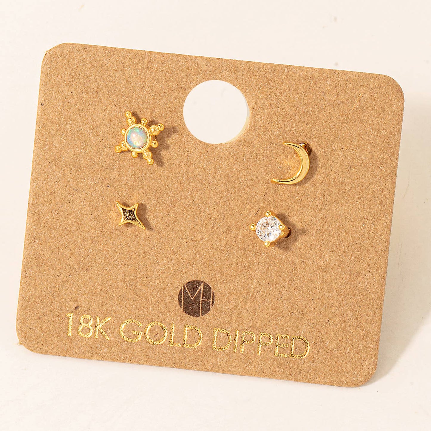 Gold Dipped 4Pc Star Moon Stud Earrings Set