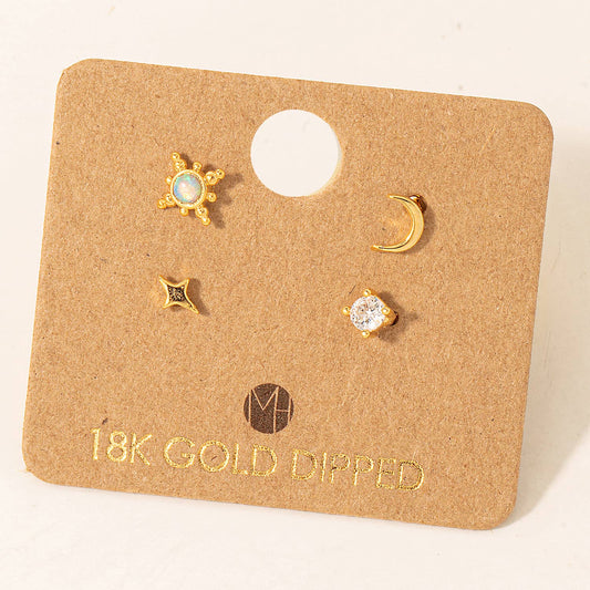 Gold Dipped 4Pc Star Moon Stud Earrings Set