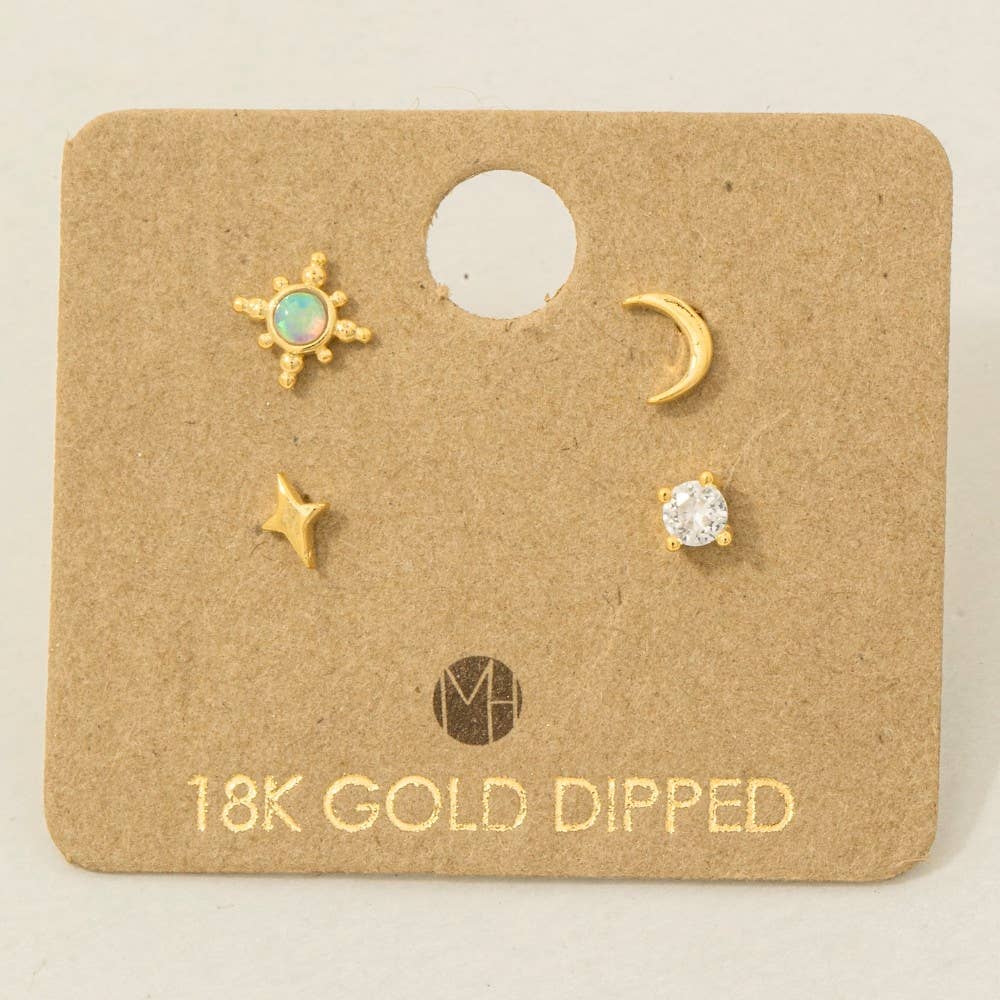 Gold Dipped 4Pc Star Moon Stud Earrings Set