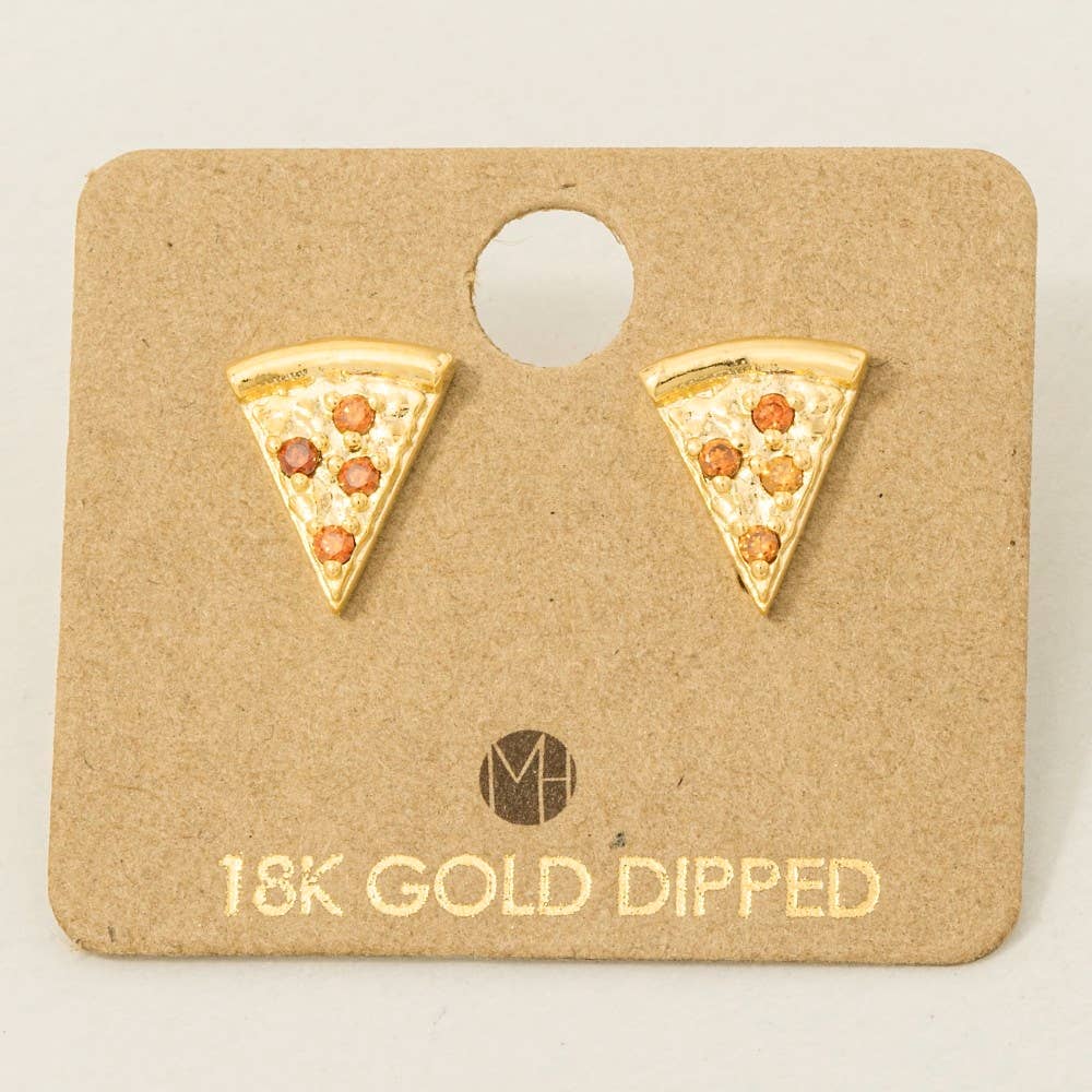 Gold Dipped Cz Pave Pizza Stud Earrings