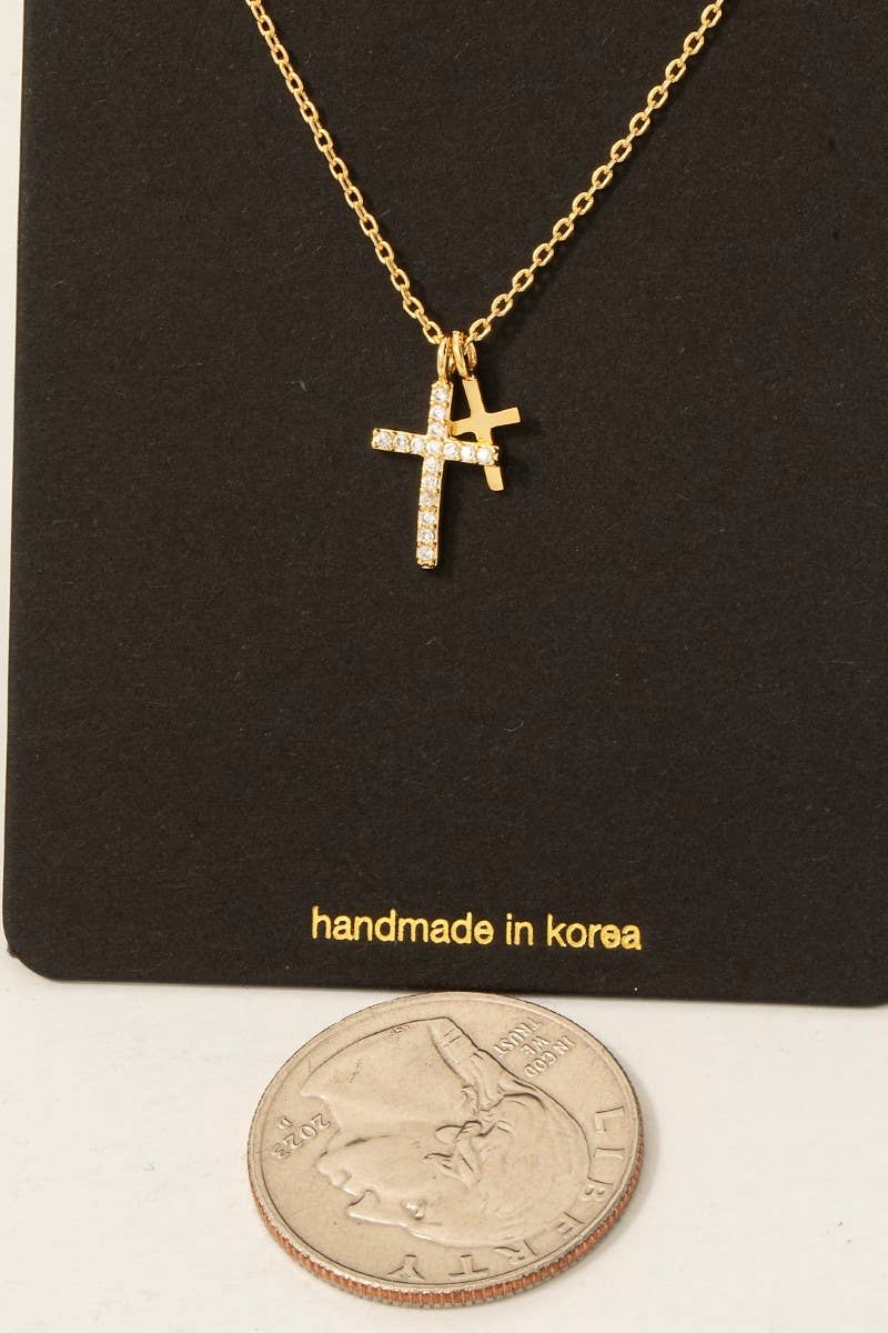Cz Pave Double Cross Pendant Necklace