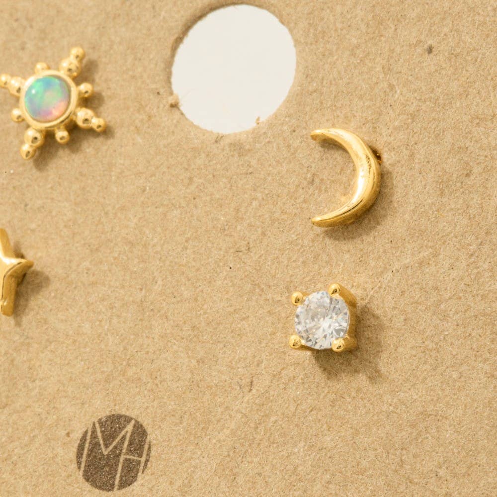 Gold Dipped 4Pc Star Moon Stud Earrings Set