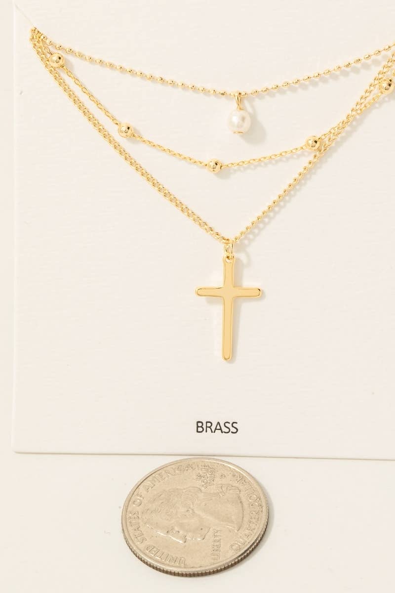 Mixed Layered Chains Cross And Pearl Charm Necklace