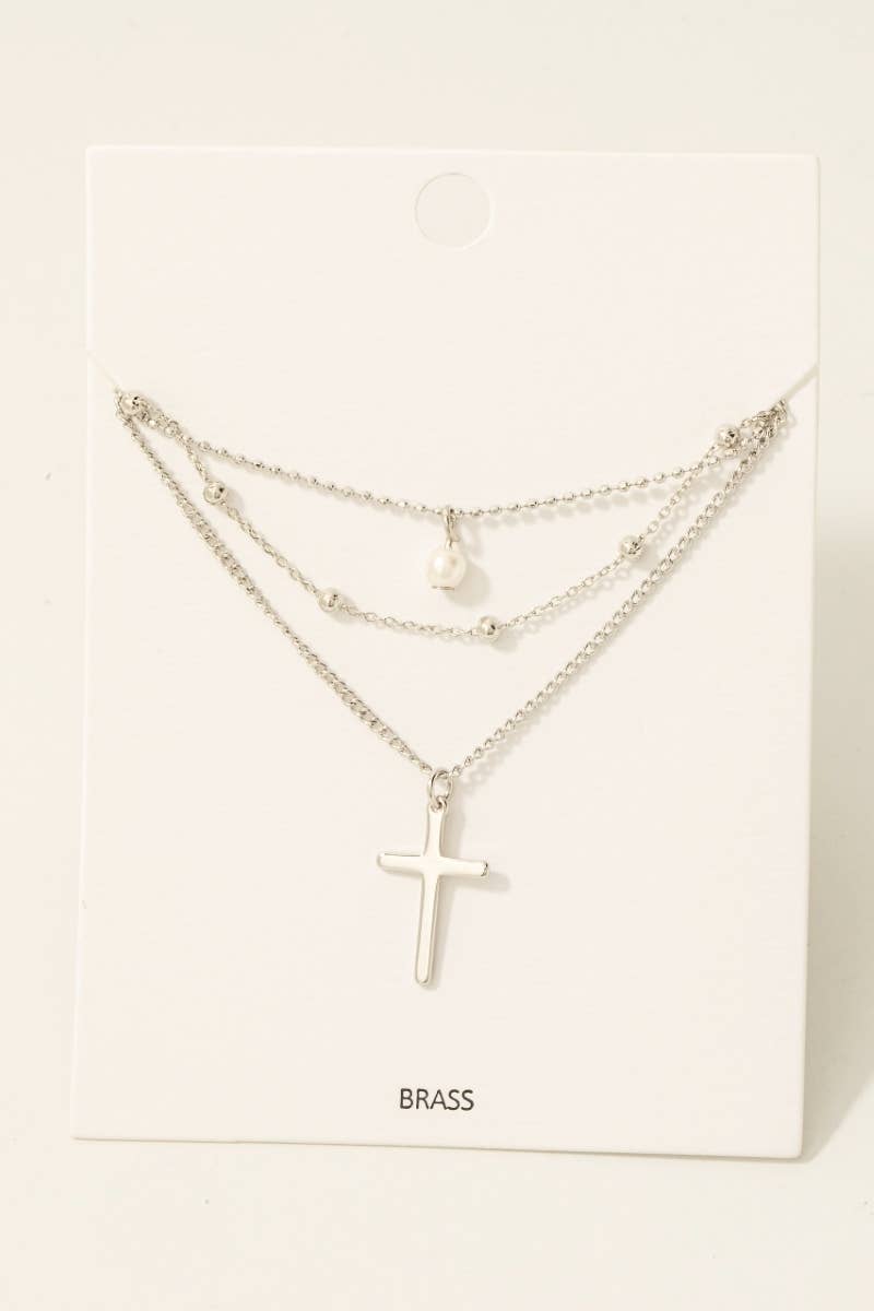Mixed Layered Chains Cross And Pearl Charm Necklace