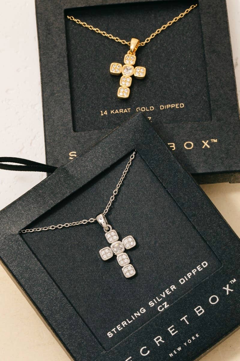Gold Dipped Cz Pave Square Cross Pendant Necklace