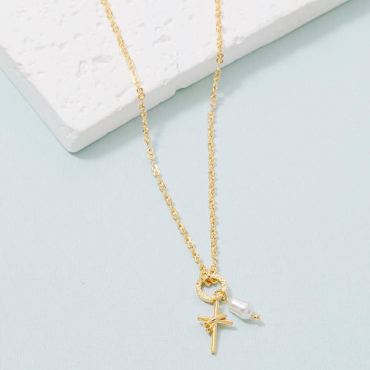 Pearl & Cross Charm Necklace