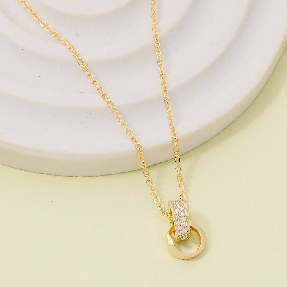 Cz Double Ring Link Pendant Necklace