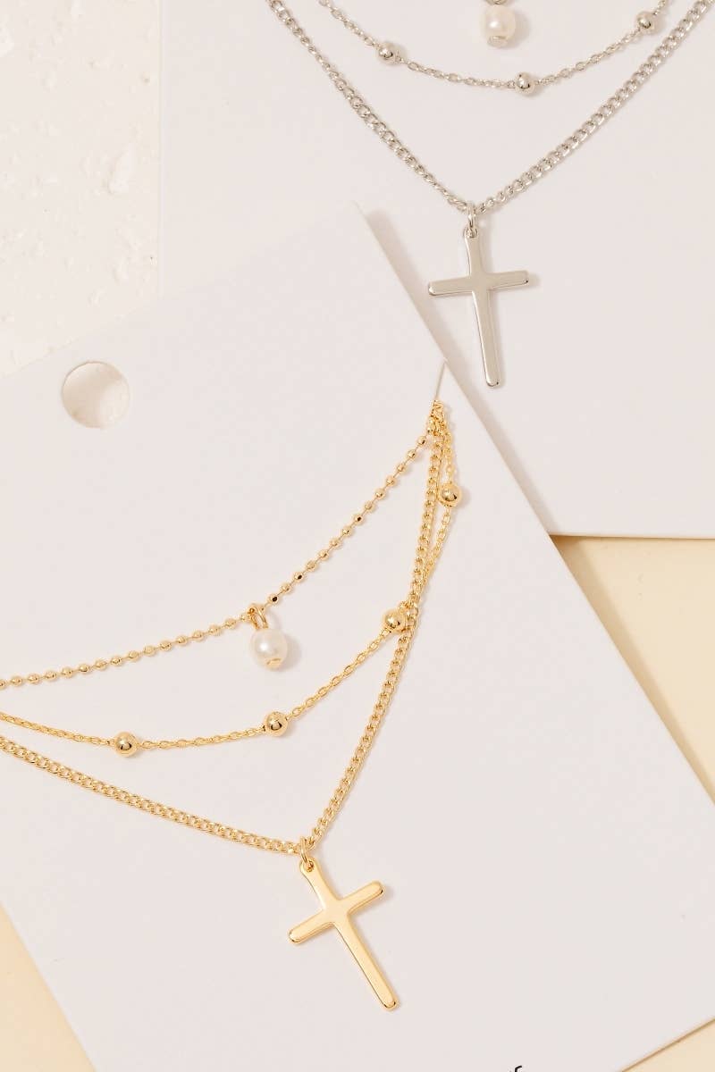 Mixed Layered Chains Cross And Pearl Charm Necklace
