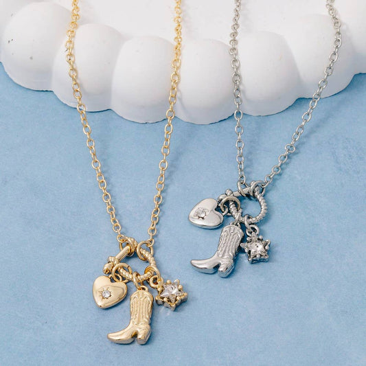 Cowboy Boot And Heart Charms Necklace