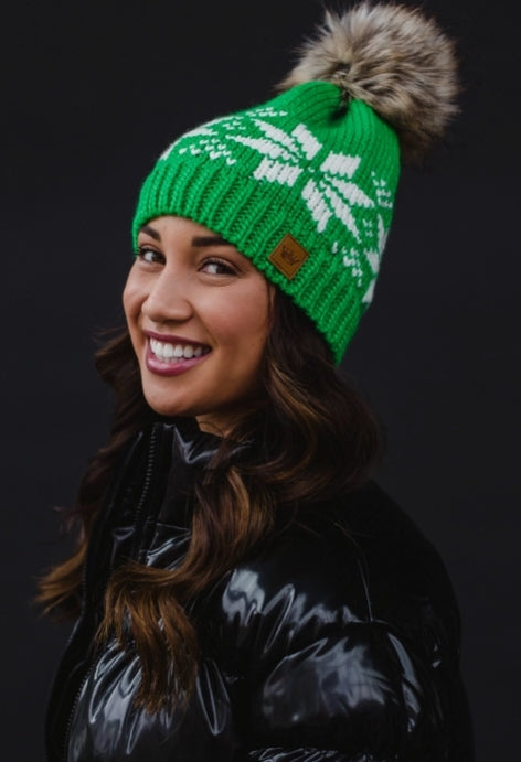 Bright Green & White Snowflake Pom Hat