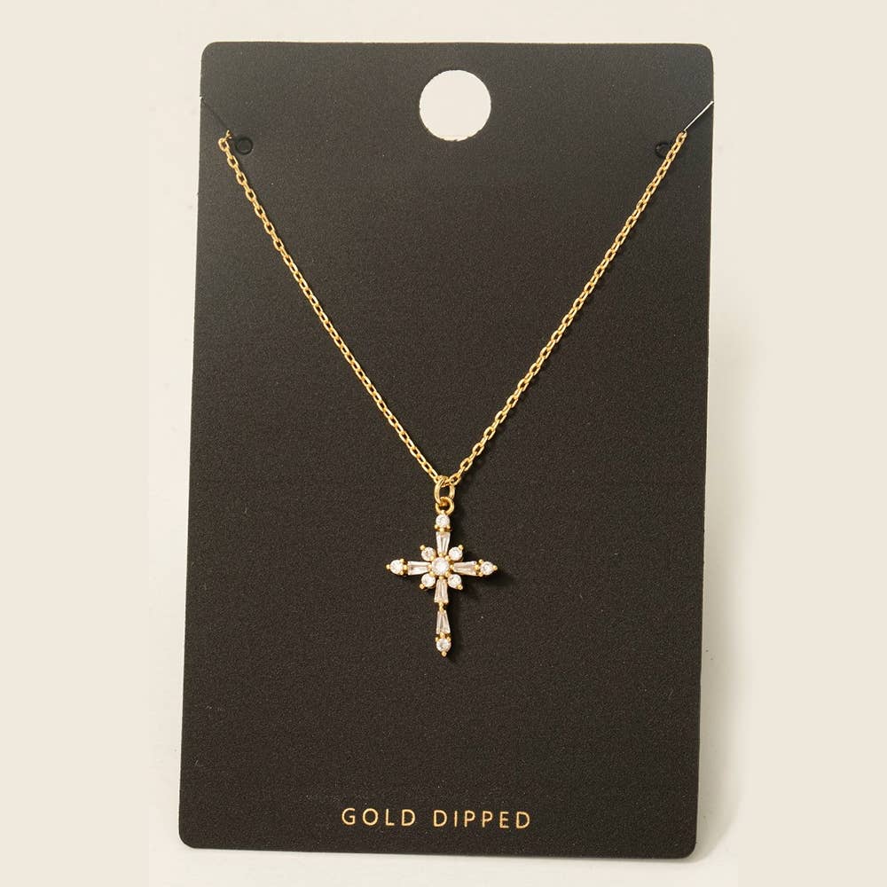 Gold Dipped Intricate Cz Cross Pendant Necklace