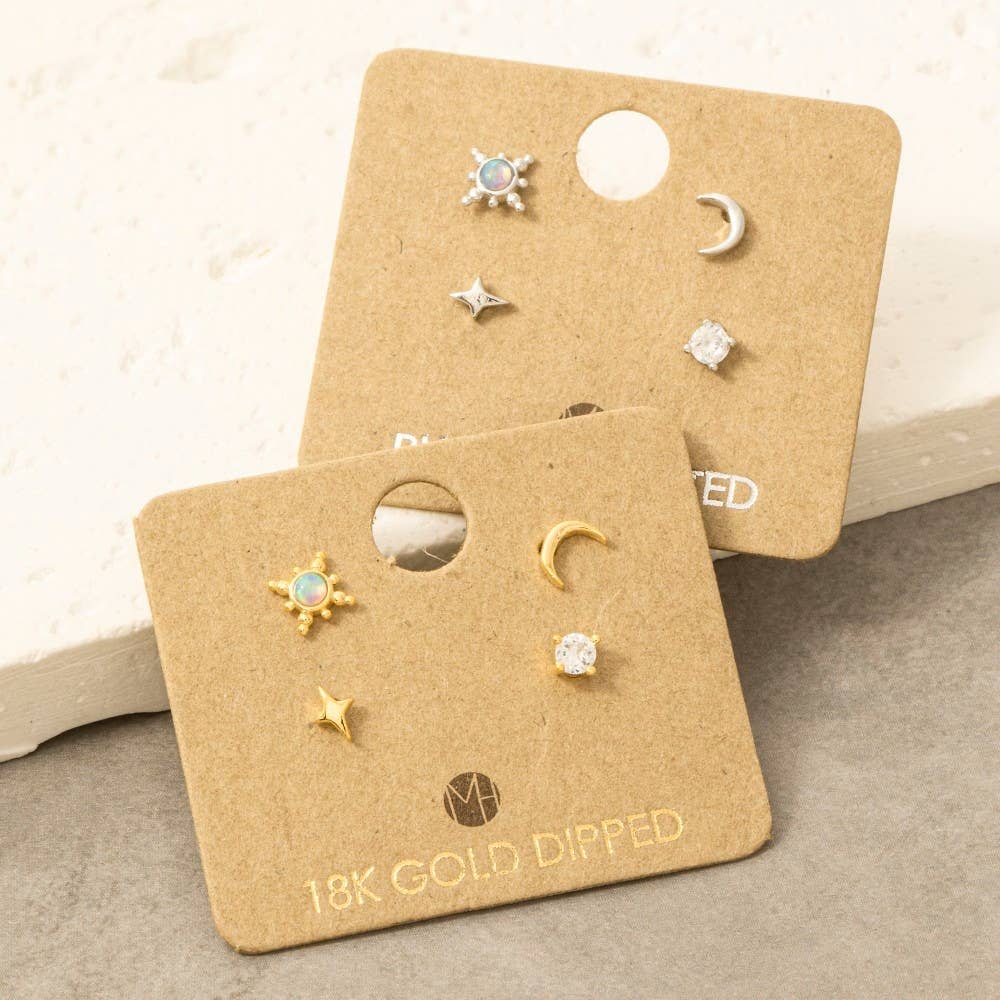 Gold Dipped 4Pc Star Moon Stud Earrings Set
