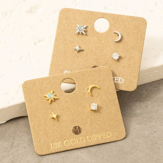 Gold Dipped 4Pc Star Moon Stud Earrings Set