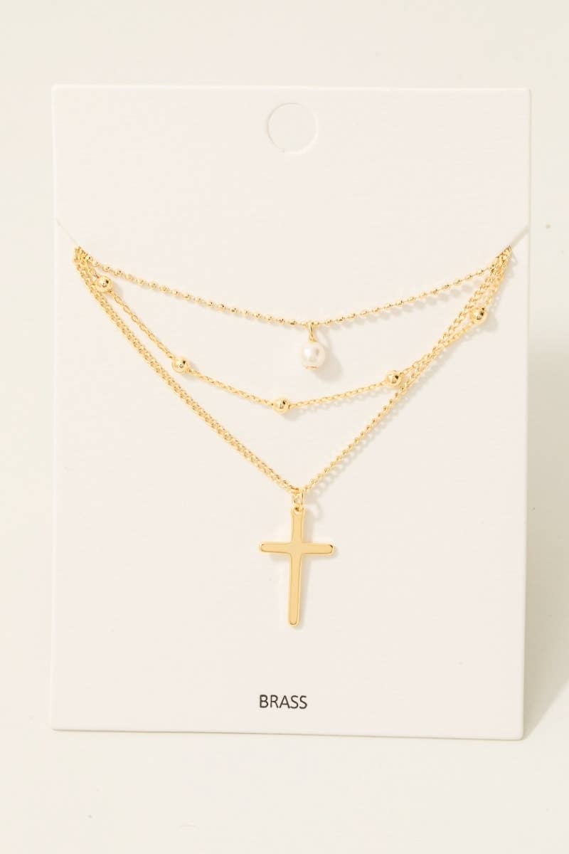 Mixed Layered Chains Cross And Pearl Charm Necklace