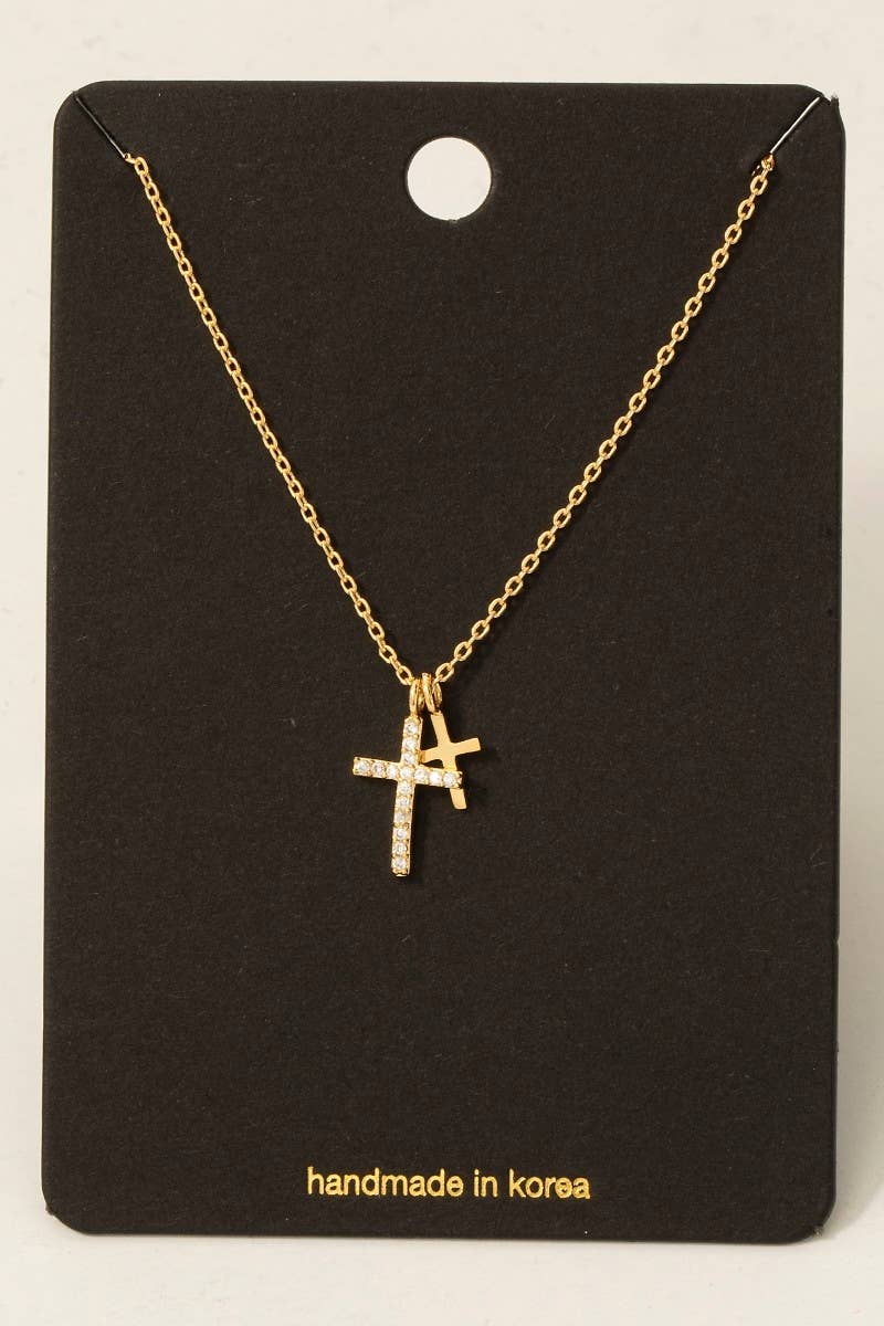 Cz Pave Double Cross Pendant Necklace