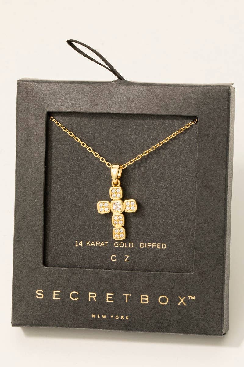 Gold Dipped Cz Pave Square Cross Pendant Necklace
