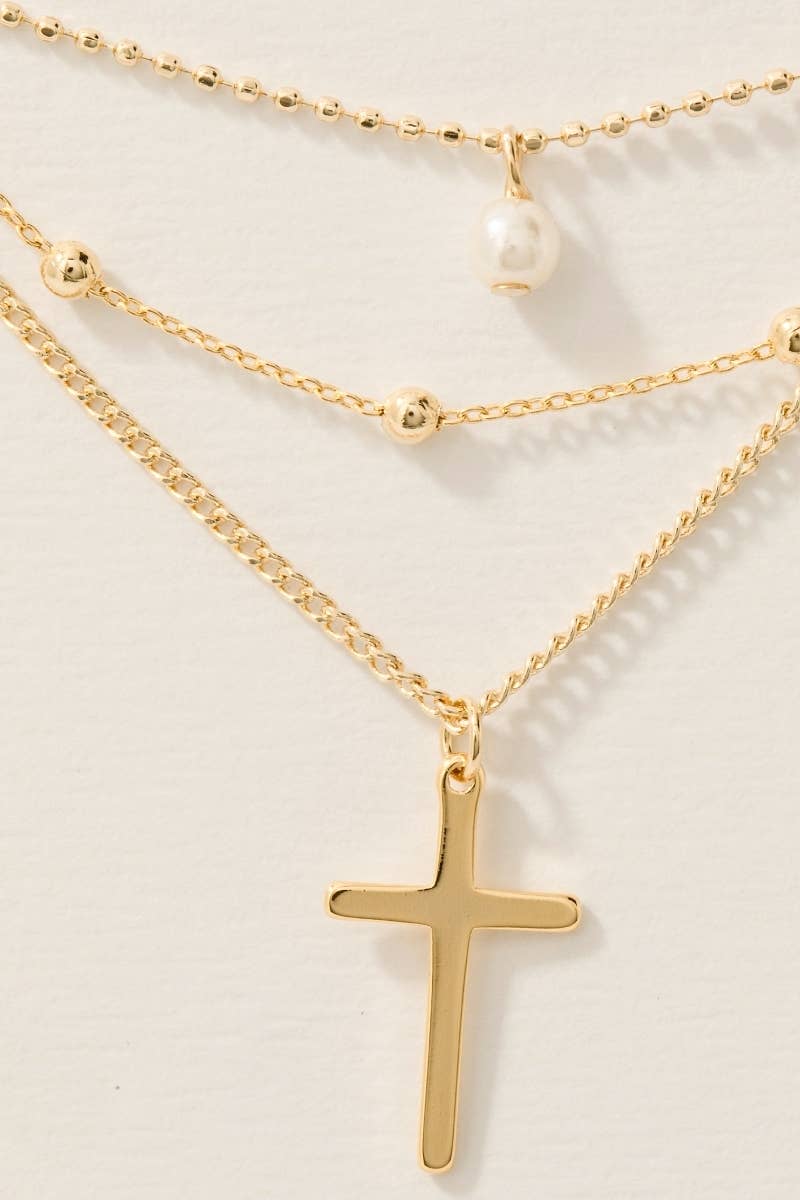 Mixed Layered Chains Cross And Pearl Charm Necklace