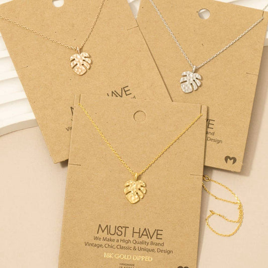 Hammered Monstera Leaf Pendant Necklace