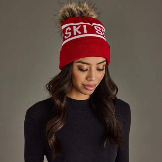 Red & White Ski Pom Hat