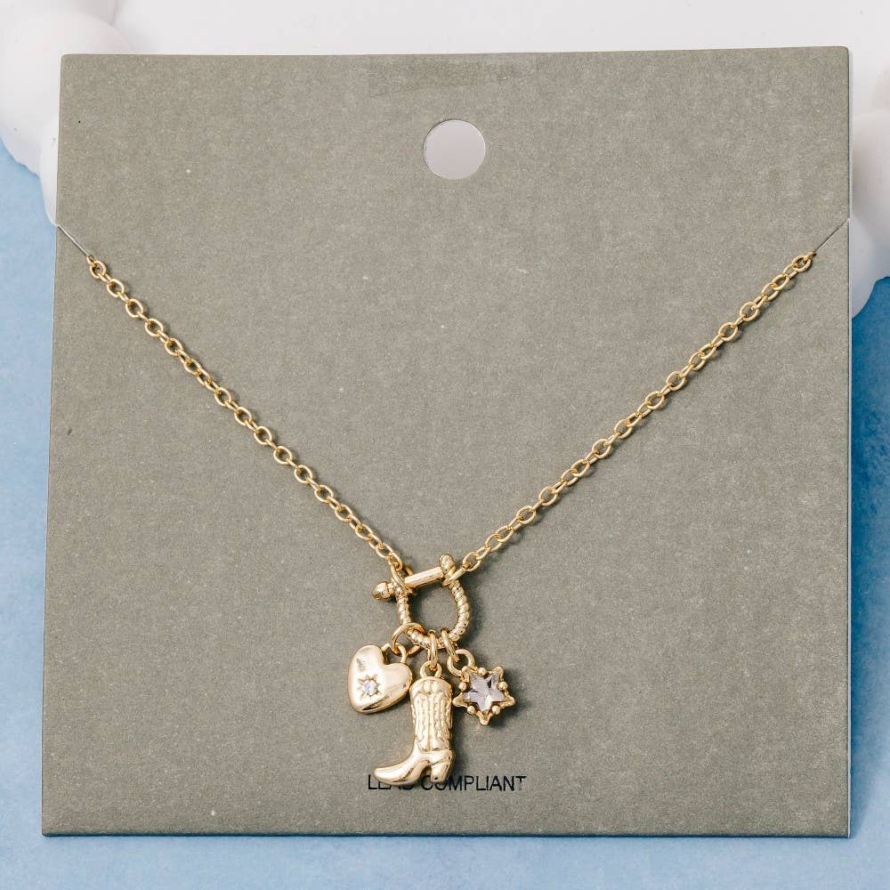 Cowboy Boot And Heart Charms Necklace
