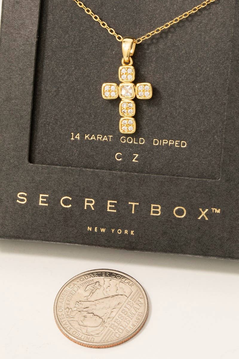 Gold Dipped Cz Pave Square Cross Pendant Necklace