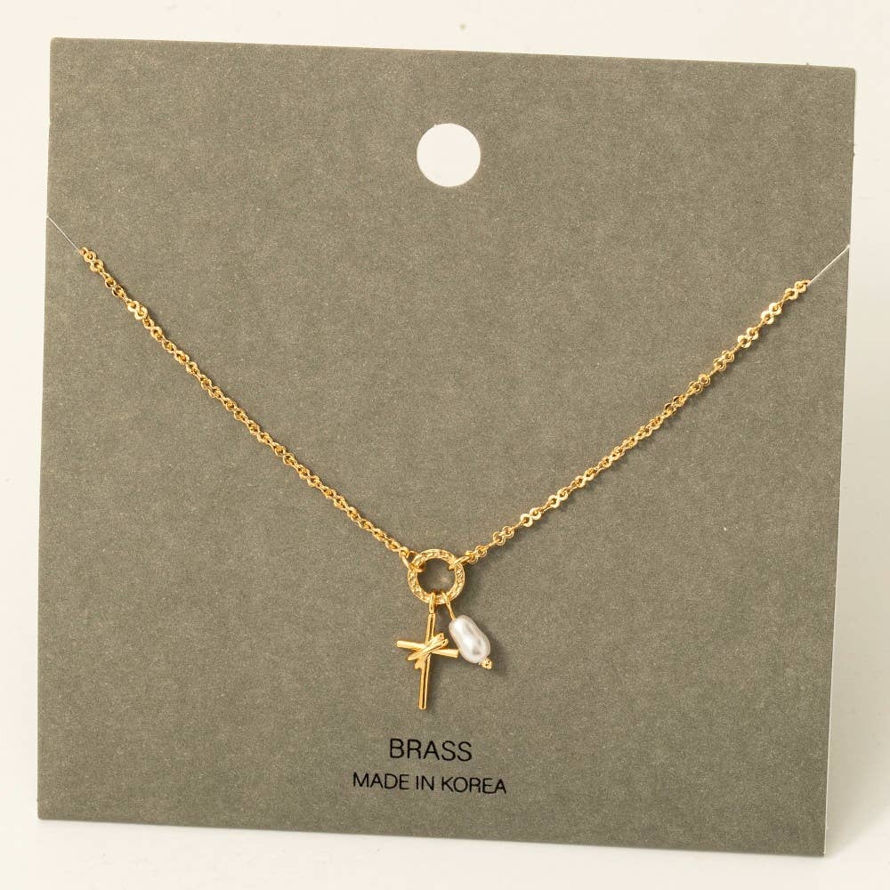 Pearl & Cross Charm Necklace